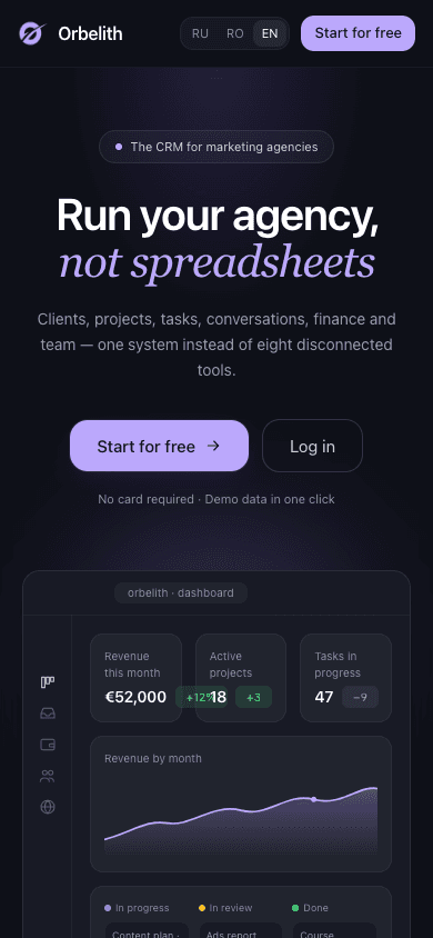 Orbelith mobile landing page at 390 pixels